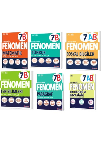 Fenomen 7. Sınıf (B) Mat+Türkçe+Fen+Paragraf+Sosyal+Din Kültürü Soru Bankası ( 6 Kitap)