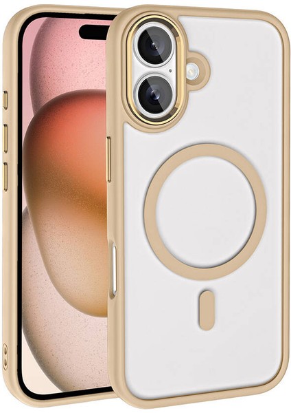 Apple iPhone 16 Kılıf Wireless Şarj Özellikli Zore Krom Magsafe Silikon Kapak-Gold