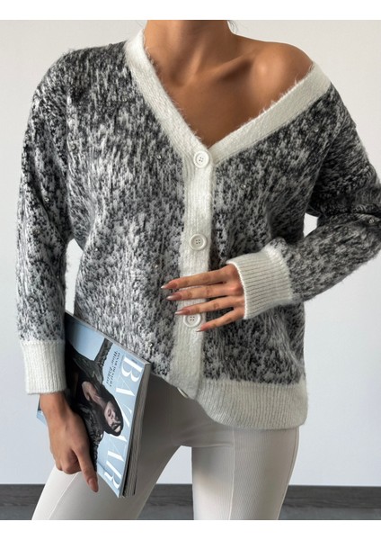 Taş Detaylı Desenli Oversize Yumoş Kadın Hırka