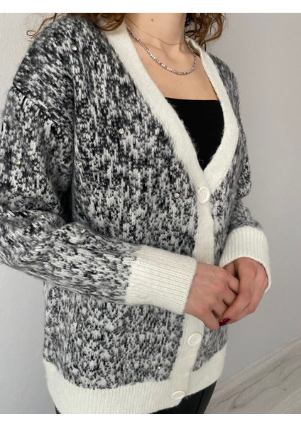 Taş Detaylı Desenli Oversize Yumoş Kadın Hırka modelleri