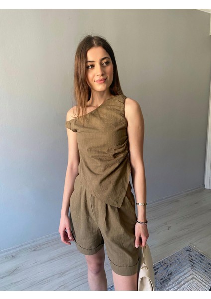 Asitmetrik Bluz Şort Kadın Keten Takım
