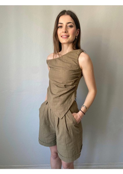 Asitmetrik Bluz Şort Kadın Keten Takım modelleri