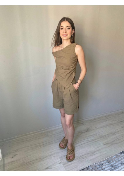 Asitmetrik Bluz Şort Kadın Keten Takım fırsatları