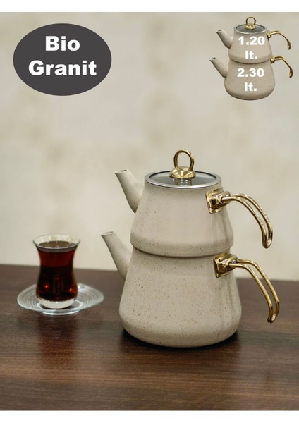 Tekno Trust Granit Kaplama Gold Kulplu Cam Kapak Çaydanlık Krem