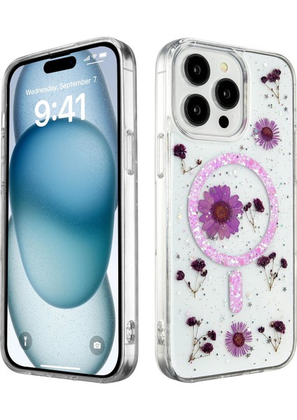 Apple iPhone 14 Pro Kılıf Hologram Renkli Çiçekli Simli Magsafe Kapak - Mor + Ekran Koruyucu