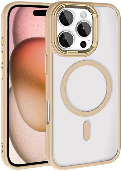 NSM Tech Apple iPhone 16 Pro Max Kılıf Wireless Şarj Özellikli Zore Krom Magsafe Silikon Kapak-Gold