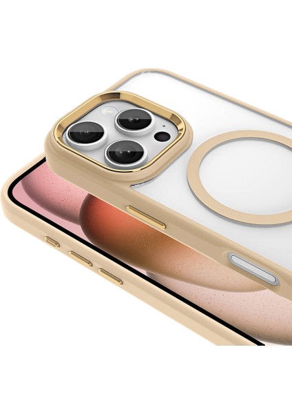 NSM Tech Apple iPhone 16 Pro Max Kılıf Wireless Şarj Özellikli Zore Krom Magsafe Silikon Kapak-Gold