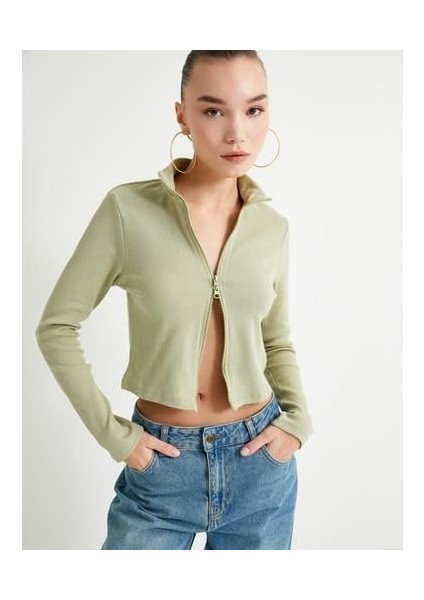 Fermuarlı Triko Hırka Dik Yaka Kaşkorse Uzun Kollu