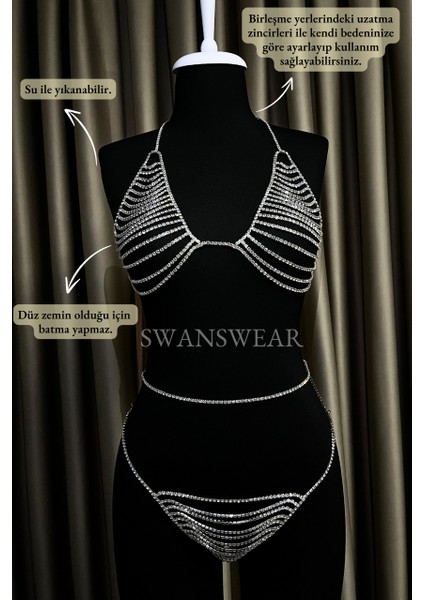 Swans Wear | Diana Set, Kadın Taşlı Sütyen ve Tanga Takım Kostüm, İç Giyim, Aksesuar, Gecelik, Gümüş renk