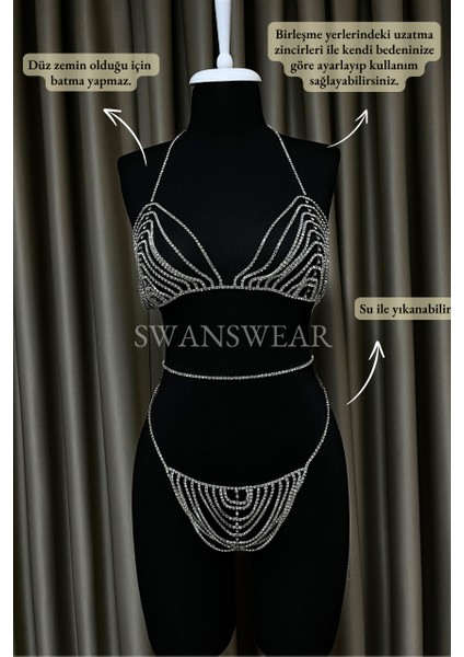 Swans Wear | Jess Set, Kadın Taşlı Sütyen ve Tanga Takım Kostüm, İç Giyim, Aksesuar, Gecelik, Gümüş renk