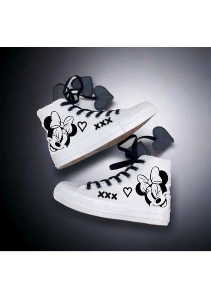 Kız Fare Kalp Bağcık Baskılı Keten Çocuk Spor Ayakkabı Sneaker