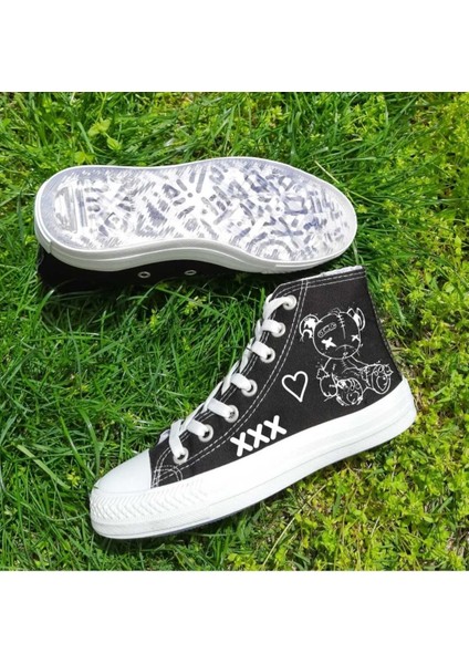 Beyaz Çizgi Bear Baskılı Xx Keten Siyah Spor Ayakkabı Sneaker