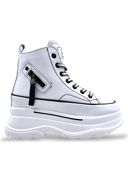 G24K345 Deri Yüksek Taban Kadın Bilekli Beyaz Sneaker Ayakkabı