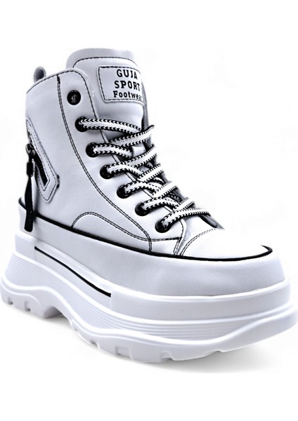 G24K345 Deri Yüksek Taban Kadın Bilekli Beyaz Sneaker Ayakkabı modelleri