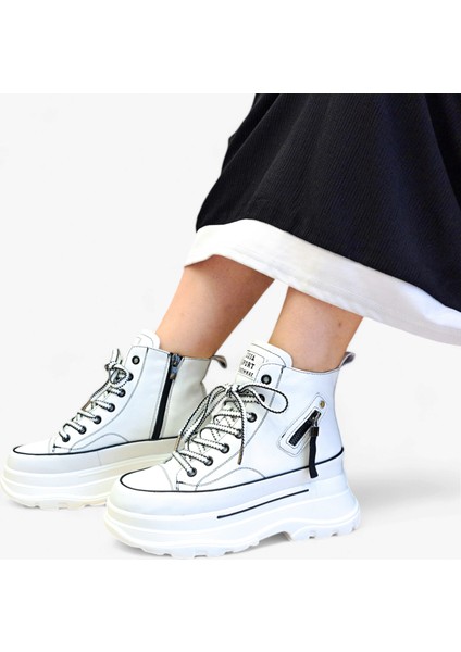 G24K345 Deri Yüksek Taban Kadın Bilekli Beyaz Sneaker Ayakkabı indirimleri
