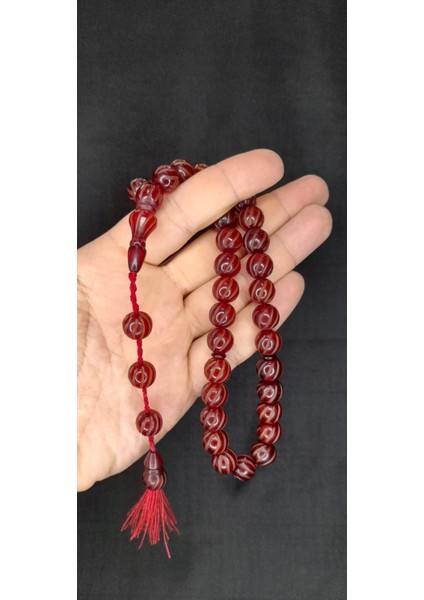Çubuk Kehribar Tesbih Kalem Işçilikli Küre Kesim Bordo Renk T-394