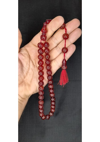 Çubuk Kehribar Tesbih Kalem Işçilikli Küre Kesim Bordo Renk T-394 fiyatları