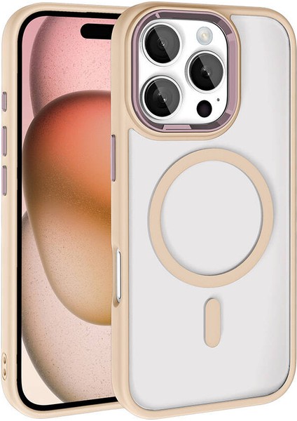 Apple iPhone 16 Pro Kılıf Wireless Şarj Özellikli Ensueno Krom Magsafe Silikon Kapak-Rose Gold