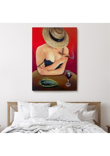 Dekoratif Kanvas Tablo Duvar Dekoru Popart Purosu ve Şarabı ile Güzel Kadın 6018 Bungknv
