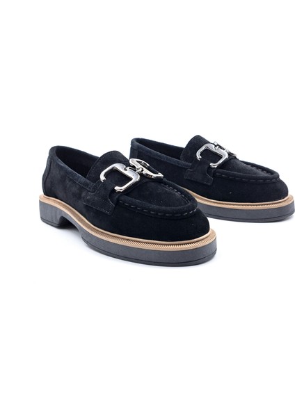 SV011 Süet Deri Siyah Renk Tokalı Kadın Loafer Ayakkabı