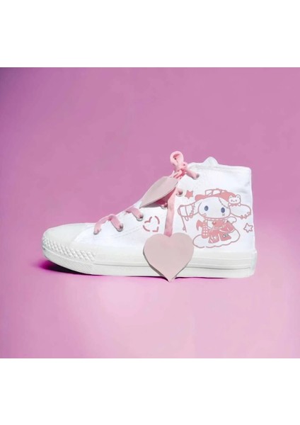 Cinamo Pembe Kalp Bağcık Baskılı Keten Spor Ayakkabı Sneaker