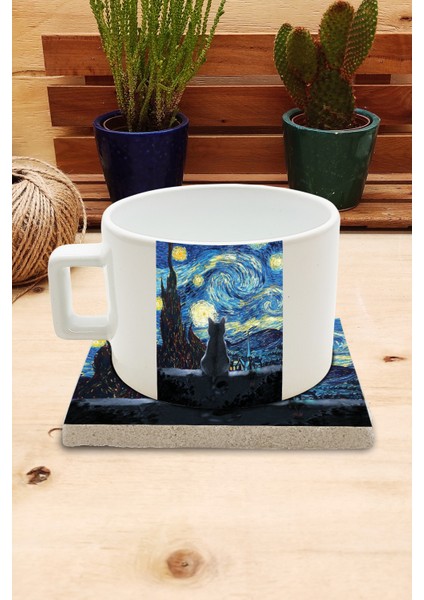 Kediler ve Sanat/van Gogh Yıldızlı Gece The Starry Night Set 4 - Fincan Kupa-Taş Bardak Altlığı 1