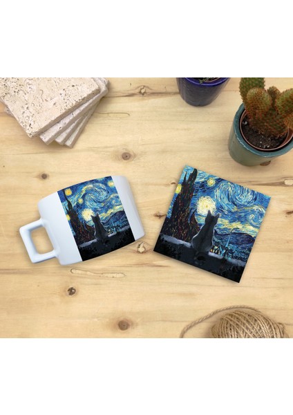 Kediler ve Sanat/van Gogh Yıldızlı Gece The Starry Night Set 4 - Fincan Kupa-Taş Bardak Altlığı 1