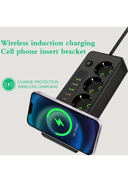 4 USB Portu 1 Type-C 220V Wireless Kablosuz Şarj Telefon Uyumlu Uzatma Priz Çoklayıcı Kablosu-2 M