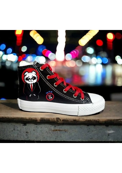 Kırmızı Patron Panda Baskılı Siyah Keten Çocuk Spor Ayakkabı Sneaker