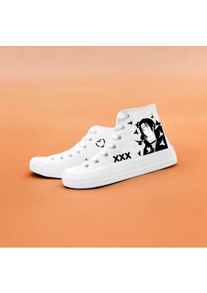 Siyah Kuşlar Anime Baskılı Beyaz Keten Çocuk Spor Ayakkabı Sneaker