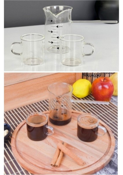 Borosilikat Cam Cezve ve Fincan Seti, Beyaz, 3'lü, 350ml ve 150ml, şık ve dayanıklı