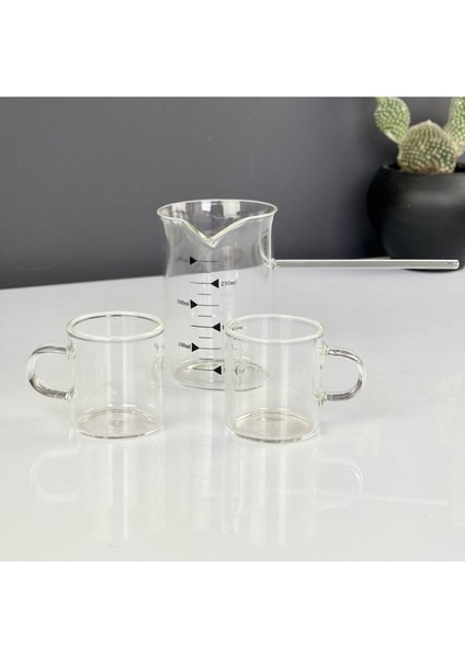 Borosilikat Cam Cezve ve Fincan Seti, Beyaz, 3'lü, 350ml ve 150ml, şık ve dayanıklı