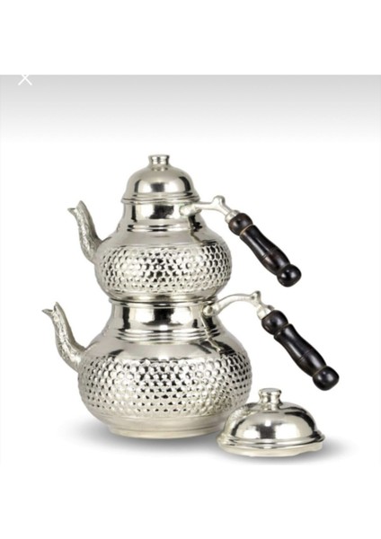 İşlemeli bakır çaydanlık seti, gümüş renk, şık ve zarif tasarım, 2'li set