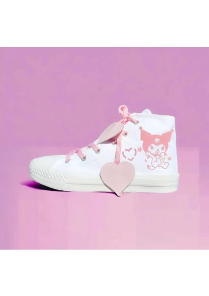 Lias Shoes Pembe Kalp Bağcık Kuromililik Baskılı Beyaz Keten Çocuk Spor Ayakkabı Sneaker