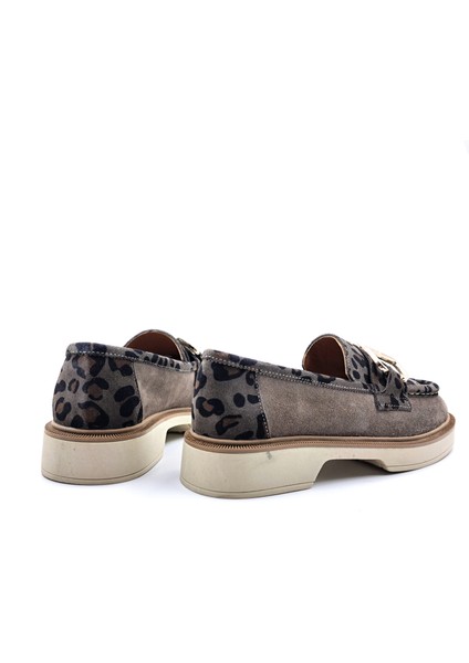 SV011 Süet Deri Vizon Renk Leopar Baskı Tokalı Kadın Loafer Ayakkabı modelleri