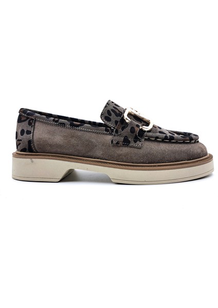 SV011 Süet Deri Vizon Renk Leopar Baskı Tokalı Kadın Loafer Ayakkabı fırsatları