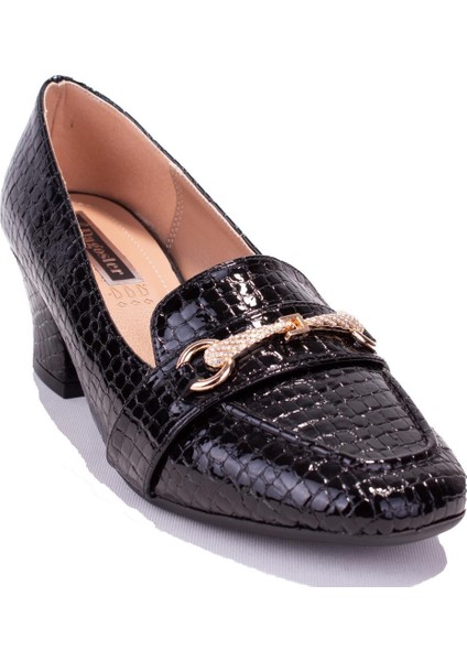 DZA07-725500 Siyah Baskılı Rugan Klasik Topuklu Kadın Ayakkabı