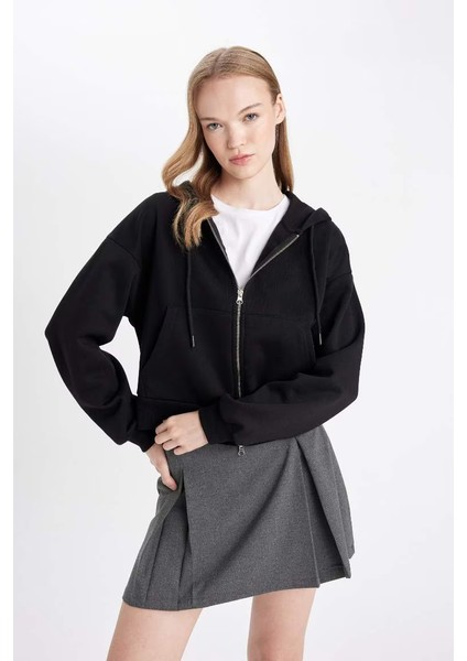 Coool Standart Fit Kapüşonlu Fermuarlı Sweatshirt Siyah