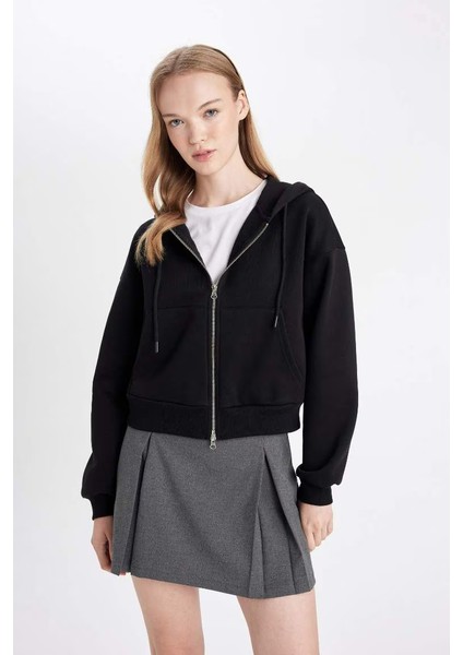 Coool Standart Fit Kapüşonlu Fermuarlı Sweatshirt Siyah