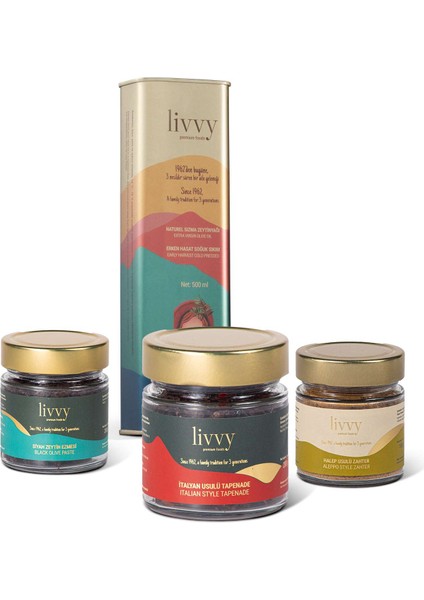 Quindici Livvy Set (Zeytinyağı 500 ml + Zahter 100 G + Zeytin Ezmesi 200 G + Tapenade 200 G)