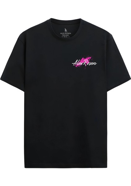 Unisex Oversize Bisiklet Yaka Baskılı Kısa Kollu Siyah Tişört