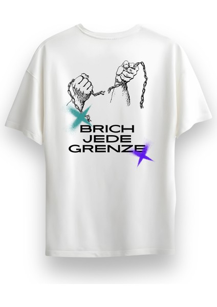 Unisex Oversize Bisiklet Yaka Baskılı Kısa Kollu Beyaz Tişört