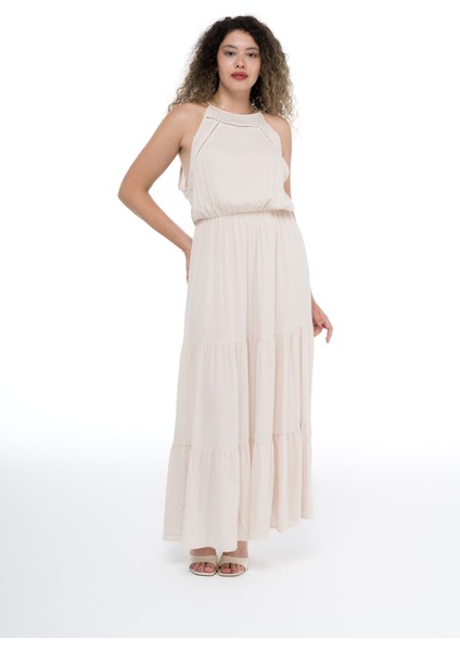 Ekru Halter Yaka Beli Lastikli Fırfırlı Uzun Elbise fiyatları