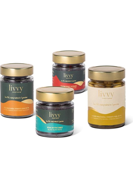 Quattro Livvy Set (Sele 250 G + Akdeniz 250 G + Zeytin Ezmesi 200 G + Tapenade 200 G)