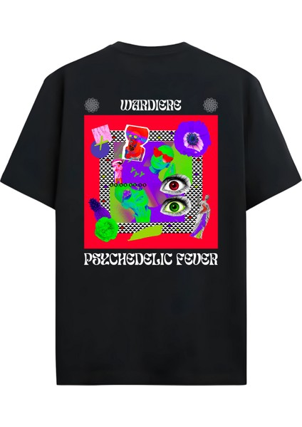 Unisex Oversize Bisiklet Yaka Baskılı Kısa Kollu Siyah Tişört