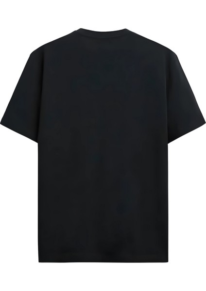 Unisex Oversize Bisiklet Yaka Baskılı Kısa Kollu Siyah Tişört