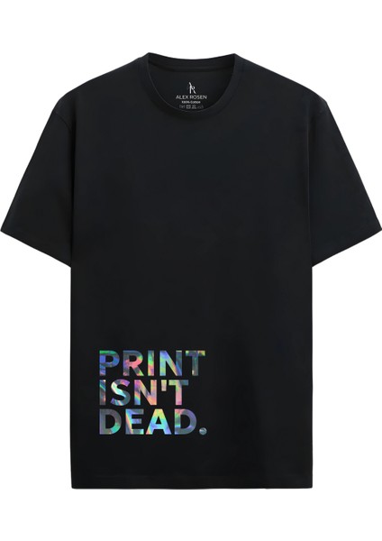 Unisex Oversize Bisiklet Yaka Baskılı Kısa Kollu Siyah Tişört