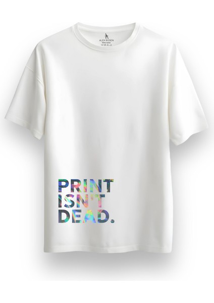 Unisex Oversize Bisiklet Yaka Baskılı Kısa Kollu Beyaz Tişört