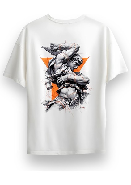 Unisex Oversize Bisiklet Yaka Baskılı Kısa Kollu Beyaz Tişört