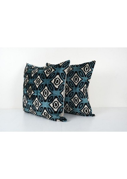 Mavi Renkli Geometric Desenli Kadife Ikat Yastık Kılıfı (Içliksizdir) modelleri